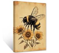 CCWACPP Bee Canvas Wall Art Rustic Floral Wall Decor Vintage Bee Picture Animals with Flower Prints Country Farmhouse Bathroom Bedroom Decor Framed (30.00 x 45.00 cms)