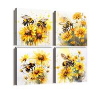 CCWACPP Bee Wall Art Daisy Canvas Art 4 Pieces Yellow Flower Picture Rustic Floral Painting Print Living Room Office Decor Framed (30x30cmx4)