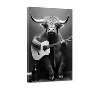 CCWACPP Black and White Cow Wall Art Highland Cow Playing Guitar Poster Funny Cattle Canvas Print Cute Humor Animal Pictures Music Art Painting Framed (B, (40.00 x 60.00 cms))