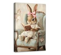 CCWACPP Bunny Wall Art Print Rabbit Reading Book Painting Vintage Academic Artwork Spring Animal Canvas Easter Decor for Kid Bedroom Home Office Framed (40.00 x 60.00 cms)