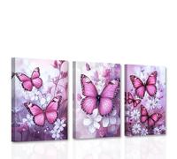 CCWACPP Butterfly Canvas Wall Art Girls Room Wall Decor 3 Panels Butterfly with Daisy Pictures Rustic Floral Painting Print Living Room Bedroom Decor Framed (28x35cmx3)
