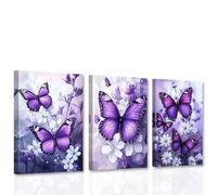 CCWACPP Butterfly Canvas Wall Art Girls Room Wall Decor 3 Panels Butterfly with Daisy Pictures Rustic Floral Painting Print Living Room Bedroom Decor Framed (28x35cmx3)