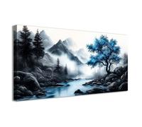 CCWACPP Canvas Wall Art for Living Room Blue Trees and Black and White Landscape Paintings Prints Modern Home Decor for Bedroom Office Framed (70.00 x 140.00 cms)