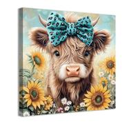 CCWACPP Cute Highland Cow Wall Art Baby Cow Picture Cattle and Flower Painting Farm Animals Canvas Prints for Nursery Kid Bedroom Home Decor Framed (40.00 x 40.00 cms)