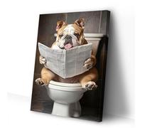 CCWACPP Dog Bathroom Wall Art Funny Animal Pictures Bulldog Reading Newspaper on Toilet Print Whimsical Animal Canvas Toilet Decor Framed (30L x 45W cm)