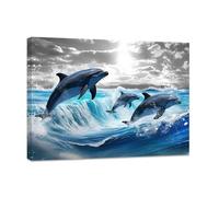 CCWACPP Dolphin Canvas Wall Art Jumping Dolphin Pictures Print Seascape Painting Grey Blue Ocean Sea Animal Bathroom Kids Room Nursery Wall Decor Framed (E, (40.00 x 60.00 cms))