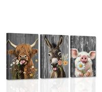CCWACPP Farm Animal Wall Art Farmhouse Animal Pictures 3 Pieces Highland Cow Donkey Pig Canvas Rustic Country Farmhouse Kitchen Decor Framed (30x40cmx3)