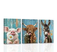 CCWACPP Farm Animal Wall Art Farmhouse Animal Pictures 3 Pieces Highland Cow Donkey Pig Canvas Rustic Country Farmhouse Kitchen Decor Framed (28x35cmx3)
