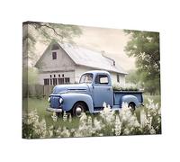 CCWACPP Farmhouse Wall Art Barn and Truck Canvas Print Blue Car and Flowers Picture Painting Country Style Artwork for Home Wall Decor (40x60cm)
