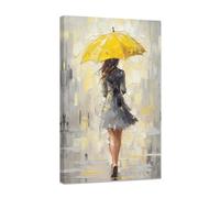 CCWACPP Fashion Romantic Wall Art Street Girl with Yellow Umbrella Painting Abstract Canvas Prints Paris Artwork for Girls Bedroom Room Wall Decor Framed (D, (30.00 x 45.00 cms))