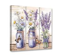 CCWACPP Floral Canvas Wall Decor Lavender Daisy Flower Canvas Wall Art Butterfly Pictures Rustic Style Bathroom Bedroom Decor Frame (Flower - 3, 12x12inch (30x30cm))