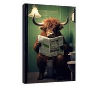 CCWACPP Funny Animal Bathroom Wall Art Highland Cattle Sitting in Toilet Reading Newspaper Painting Canvas Prints Toilet Bathroom Wall Decor Frame (12x18inch)