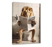 CCWACPP Funny Bathroom Canvas Wall Art Lion Sitting in Toilet Reading Newspaper Painting Prints Toilet Bathroom Animals Wall Decor (Framed - Lion, 12x18inch)