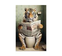 CCWACPP Funny Bathroom Canvas Wall Art Tiger Sitting in Toilet Reading Newspaper Painting Prints Toilet Bathroom Animals Wall Decor (Unframed - Tiger, 16x24inch)