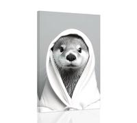 CCWACPP Funny Bathroom Wall Art Canvas Prints Cute Otter Wearing Bathrobe Poster Black And White Animal Bathroom Decor for Toilet Restroom Framed (40.00 x 60.00 cms)