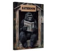 CCWACPP Gorilla Bathroom Wall Art Reading Newspaper on Toilet Funny Monkey Canvas Prints Orangutan Picture Animal Posters for Bathroom Framed (40.00 x 60.00 cms)