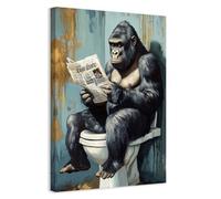 CCWACPP Gorilla Bathroom Wall Art Reading Newspaper on Toilet Funny Monkey Canvas Prints Orangutan Picture Animal Posters for Bathroom Framed (30.00 x 45.00 cms)
