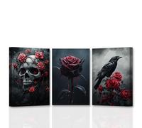 CCWACPP Gothic Wall Art Halloween Wall Decor Skull Canvas Art 3 Pieces Rose Crow Skull Pictures Vintage painting Office Living Room Decor Framed (40x60cmx3)