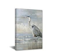 CCWACPP Heron Canvas Wall Art Coastal Bird Painting Blue Heron on the Beach Pictures Vintage Animal Poster Living Room Bedroom Office Kids Room Decor Frame (30.00 x 45.00 cms)