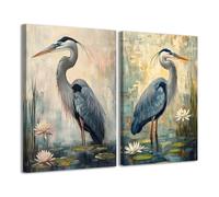 CCWACPP Heron Wall Art 2 Piece Blue Heron Painting Cyan Bird Picture Canvas Framed Seaside Animal Artwork Prints Coastal Bathroom Decor (40x60cmx2)