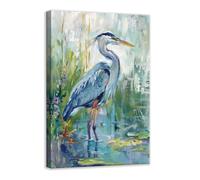 CCWACPP Heron Wall Art Framed Blue Heron Painting Beach Bird Pictures Abstract Animal Canvas Blue Green Prints Wall Decor for Bathroom Living Room Bedroom (30.00 x 45.00 cms)