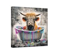 CCWACPP Highland Cow Bathroom Wall Art Cute Baby Cattle in Bathtub Poster on Canvas Funny Graffiti Bath Animal Pictures Print Farmhouse Home Decor Framed (A, (80.00 x 80.00 cms))