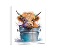CCWACPP Highland Cow Bathroom Wall Art Cute Baby Cattle in Bucket Poster on Canvas Funny Bath Animal Pictures Print Nursery Farmhouse Wall Decor Framed (C, (40.00 x 40.00 cms))