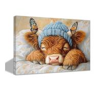 CCWACPP Highland Cow Canvas Wall Art Cute Cattle Sleeping Picture Baby Cow with Butterfly Painting Farm Animal Wall Decor for Kid Bedroom Home Framed (30.00 x 45.00 cms)