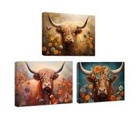 CCWACPP Highland Cow Wall Art 3 Piece Cattle Floral Painting Country Farmhouse Animal Wildflower Canvas Print Rustic Western Home Decor Framed (28x35cmx3)