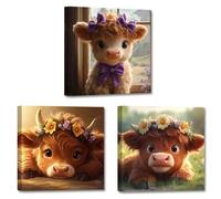 CCWACPP Highland Cow Wall Art Cute Animal Canvas Print 3 Pieces Baby Highland Cow Picture Farm Animal Prints Farmhouse Kids Room Decor Framed (40x40cmx3)