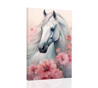 CCWACPP Horse Canvas Wall Art White Horse and Pink Flower Painting Western Animal Portrait Print Rustic Farmhouse Home Office Wall Decor Framed (C, (30.00 x 45.00 cms))
