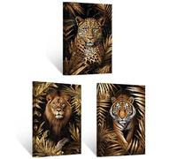 CCWACPP Jungle Animal Canvas Wall Art 3 Panels Wild Animal Wall Decor Lion Tiger Leopard with Gold Leaves Pictures African Artwork Living Room Decor Framed (30x40cmx3)