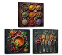 CCWACPP Kitchen Canvas Wall Art Spices Picture for Kitchen 3 Panels Colorful Spice in Spoon Print Vintage Food Paintings Dining Room Restaurant Decor Frame (40x40cmx3)