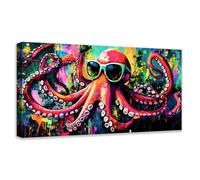 CCWACPP Large Octopus Wall Art Funny Octopus Canvas Prints Graffiti Octopus Wearing Glasses Pictures Cool Animal Painting Bedroom Bathroom Home Decor Framed (30.00 x 60.00 cms)