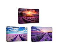 CCWACPP Lavender Canvas Wall Art 3 Panels Purple Lavender Floral Fields Sunset Pictures Large Landscape Living Room Decor Frame (Lavender - 1, 11x14inchx3Pcs)