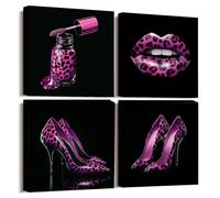 CCWACPP Leopard Print Wall Art Fashion Canvas Art 4 PCS Lip High Heel Pictures Glam Painting Prints Salon Room Girl's Bedroom Decor Framed (30x30cmx4)