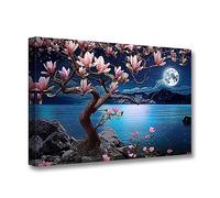 CCWACPP Moon Tree Canvas Wall Art Pink Tree Painting Print Full Moon Ocean Magnolia Trees Picture Modern Large Landscape Decor Frame (Moon Tree, 20x30inch (50x75cm))