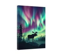 CCWACPP Moose Wall Art Northern Lights Aurora Pictures Animal Painting Nature Landscape Canvas Print Large Living Room Office Home Decor Framed (C, (30.00 x 45.00 cms))