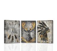 CCWACPP Native American Canvas Wall Art Indian Pictures 3 Pieces Feather Headdress Arrow Elk Print African Tribal Painting Living Room Decor Framed (30x40cmx3)