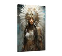 CCWACPP Native American Wall Art Framed Indian Girl Headdress Feathered Pictures Native Women Painting Vintage Canvas Print Southwestern Indian Wall Decor (B, (30.00 x 45.00 cms))
