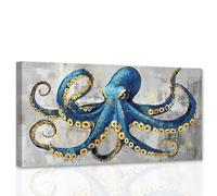 CCWACPP Octopus Canvas Wall Art Blue and Gold Wall Decor Ocean Animal Pictures Marine Life Prints Living Room Kids Room Decor Framed (40L x 80W cm)