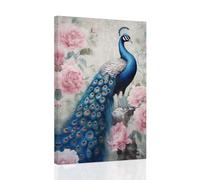 CCWACPP Peacock Canvas Wall Art Peacock Standing on The Branch Painting Proud Animal Artwork Peacock Pink Flowers Picture Print Home Decor Framed (D, (60.00 x 90.00 cms))