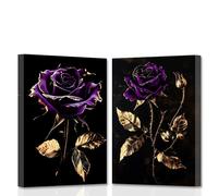CCWACPP Rose Canvas Wall Art 2 Pieces Purple Gold Wall Decor Abstract Flower Pictures Modern Rose Artwork Living Room Office Decor Framed (40x60cmx2)