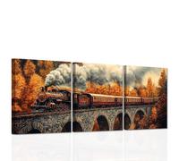 CCWACPP Train Canvas Wall Art 3 Panels Fall Forest Painting Print Steam Train Picture Railroad Poster Landscape Artwork Living Room Office Decor Framed (30x40cmx3)
