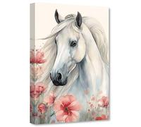 CCWACPP White Horse Canvas Wall Art Horse and Pink Floral Picture Rustic Animal Painting Wildlife Poster Home Farmhouse Decor Frame (Horse - 4, 12x18inch (30x45cm))