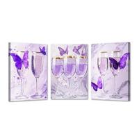 CCWACPP Wine Canvas Wall Art 3 PCS Purple Kitchen Wall Decor Butterfly with Wine Glass Pictures Print Purple Artwork Dining Room Decor Framed (30x40cmx3)