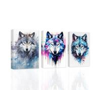 CCWACPP Wolf Canvas Wall Art 3 Panels Watercolor Animals Pictures Wall Decor Wolf Portrait Print Painting Children's Room Decor Frame (Animal - 1, 11x14inchx3Pcs)