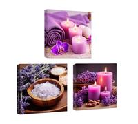CCWACPP Zen Canvas Wall Art 3 Piece Purple Aromatherapy Candles Floral Picture Print Bathroom Beauty Spa Treatment Meditation Room Wall Decor Framed (60x60cmx3)