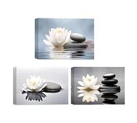 CCWACPP Zen Canvas Wall Art 3 Piece White Lotus and Black Zen Stones Picture Prints for Yoga Spa Meditation Spiritual Room Bathroom Decor Frame (40x60cmx3P)