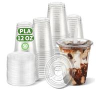 CCWOFF 12 OZ Compostable Clear Plastic Disposable Iced Coffee Cups with Flat Lids, Biodegradable Cold Drinking Cups To Go Coffee for Party, Smoothie, Boba Tea, Slushy, Lemonade 50 Sets